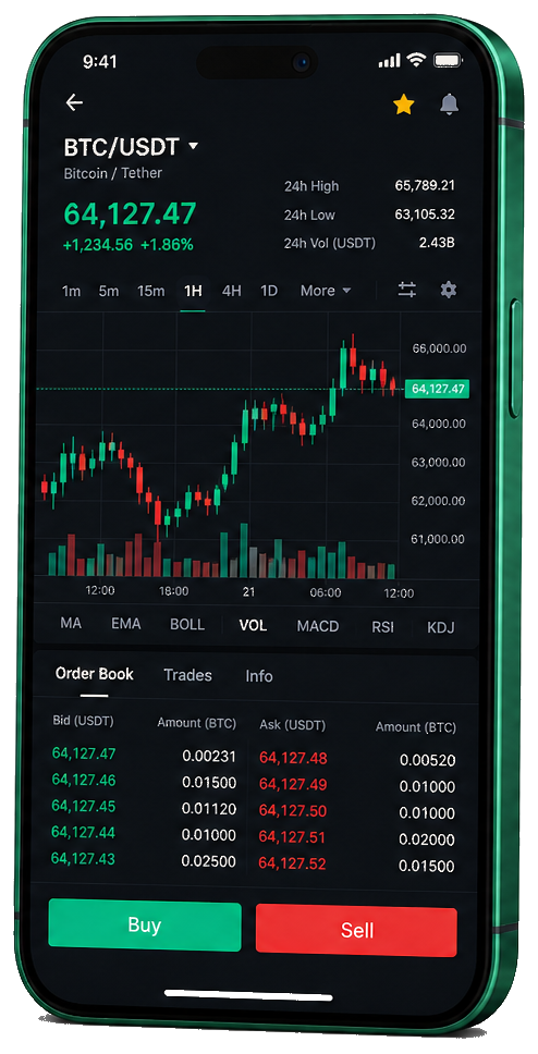 Sévélune Finance trading platform on mobile — live BTC/USDT chart, order book, and buy/sell interface